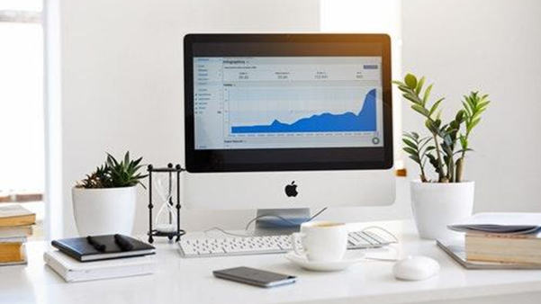 iMac desktop displaying business analytics and performance charts