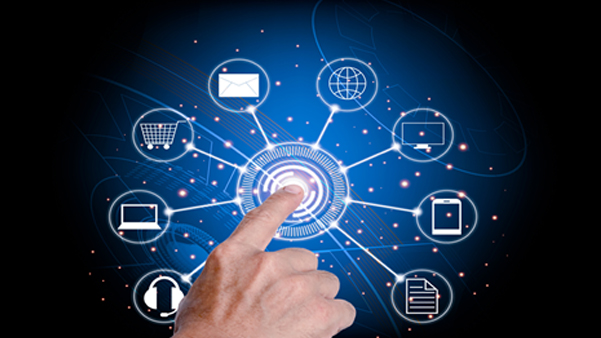 "Hand touching digital network connectivity technology concept graphic"