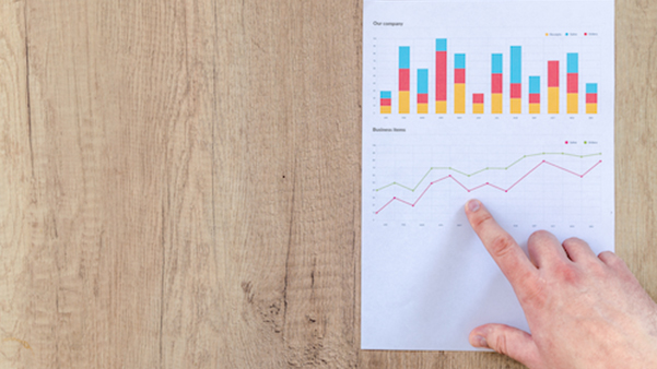 Hand pointing to colourful bar chart on paper for business analytics