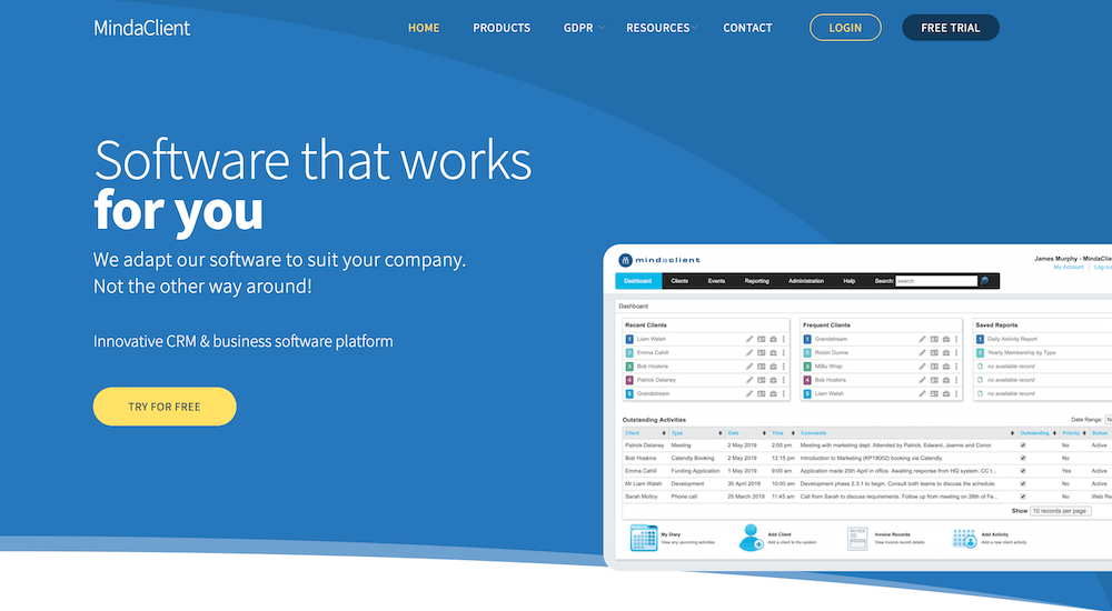 MindaClient CRM software homepage showing platform features