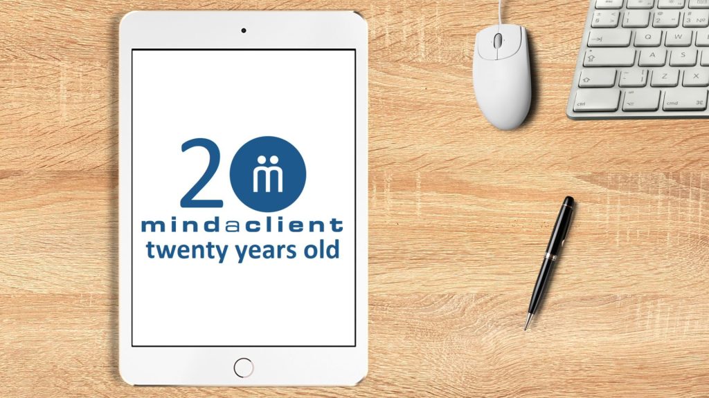 MindaClient twenty years anniversary celebration on tablet screen