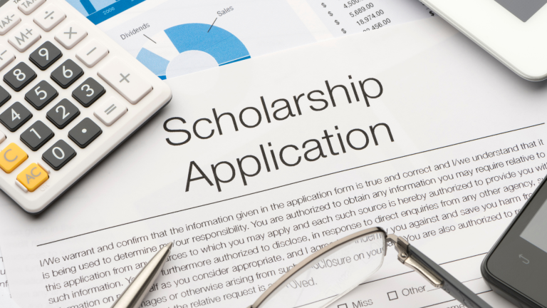 Scholarship application form graphic with pen and documents